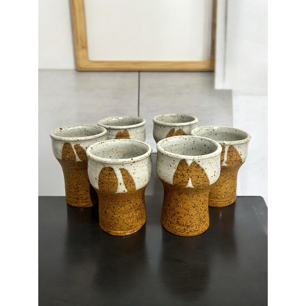 6 Vtg Small Studio Art Pottery Salt Glazed Goblet Vases Cups
